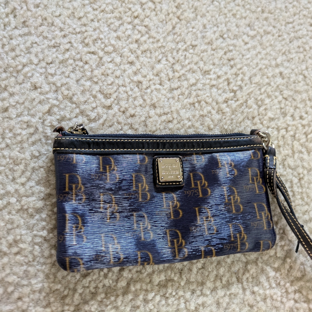Dooney & Bourke Blue and Brown Clutch with Monogram Pattern